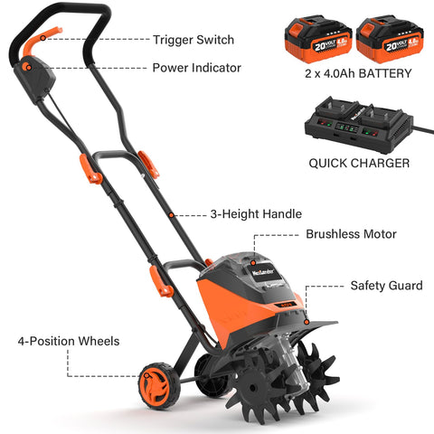 MAXLANDER cordless tiller charger-included with two 4.0Ah batteries