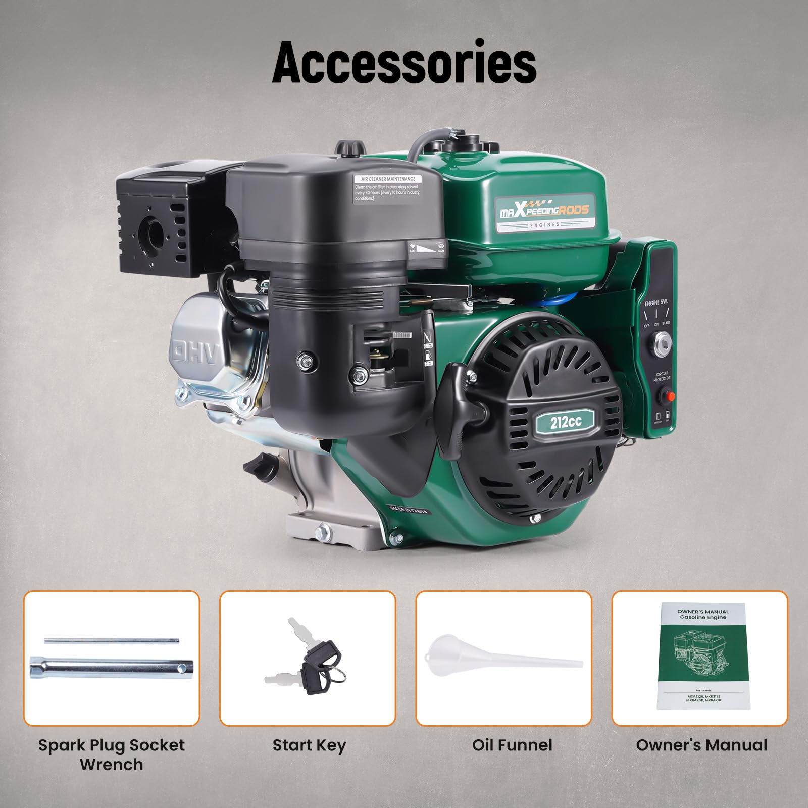 maXpeedingrods 212cc engine with recoil start for backup ignition.