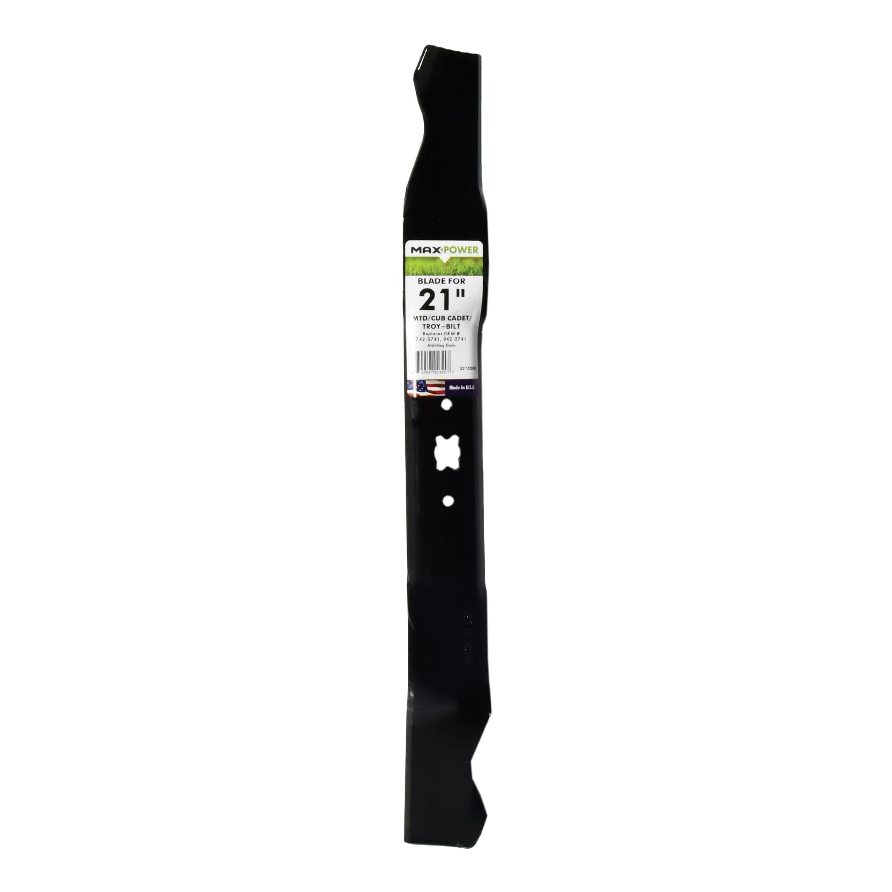 MaxPower 331528B mulching blade ready for 21-inch mowers, precise cut quality.