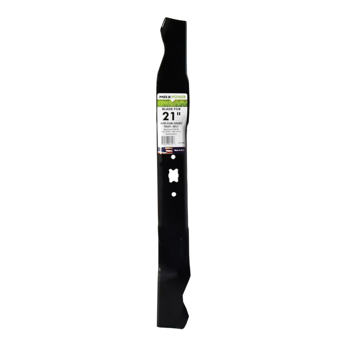 MaxPower 331528B mulching blade ready for 21-inch mowers, precise cut quality.