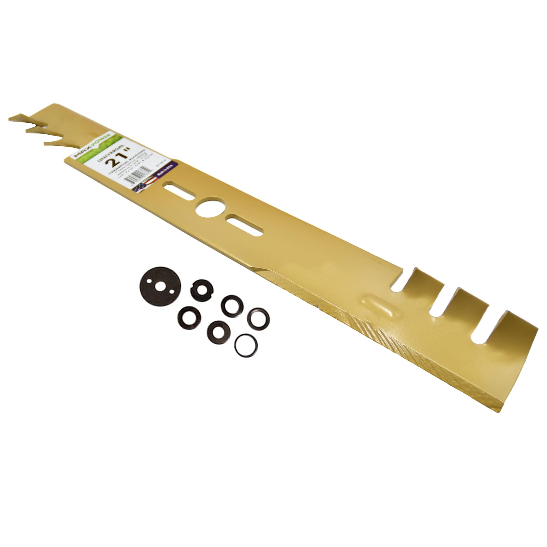 Commercial-grade mulching blade designed for durability and precise cuts.