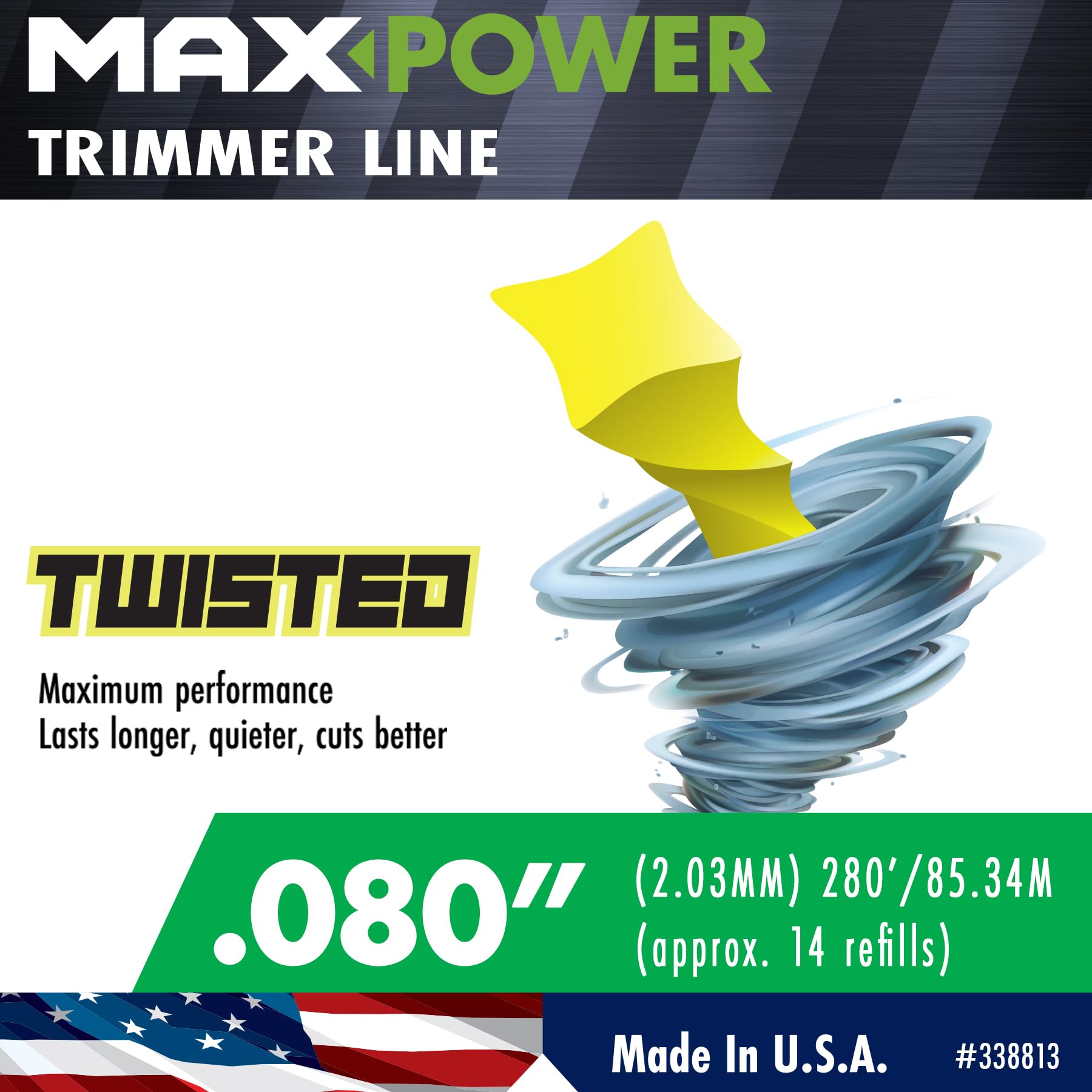 MaxPower 338813 close-up reveals durable co-polymer resins for tough weeds.
