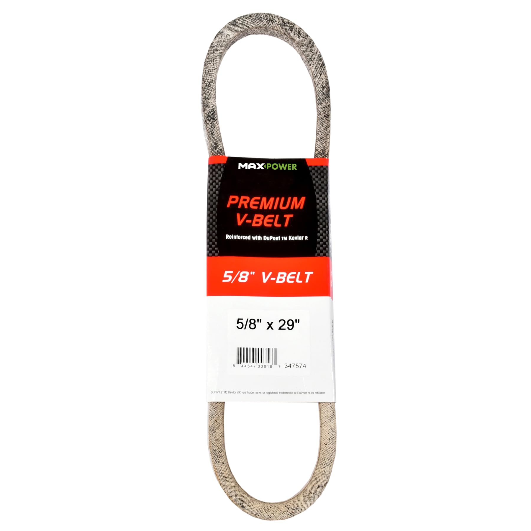 MaxPower 347574 Kevlar belt close-up in rugged outdoor setup for heavy-duty equipment