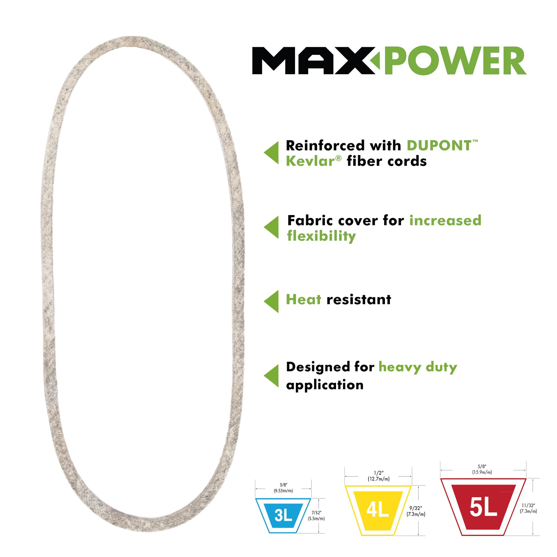 MaxPower 5/8 x 29 belt with dry fabric cover visible for clutching endurance