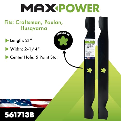 MaxPower blades compatible with Poulan, Husqvarna, and Craftsman 42-inch decks.