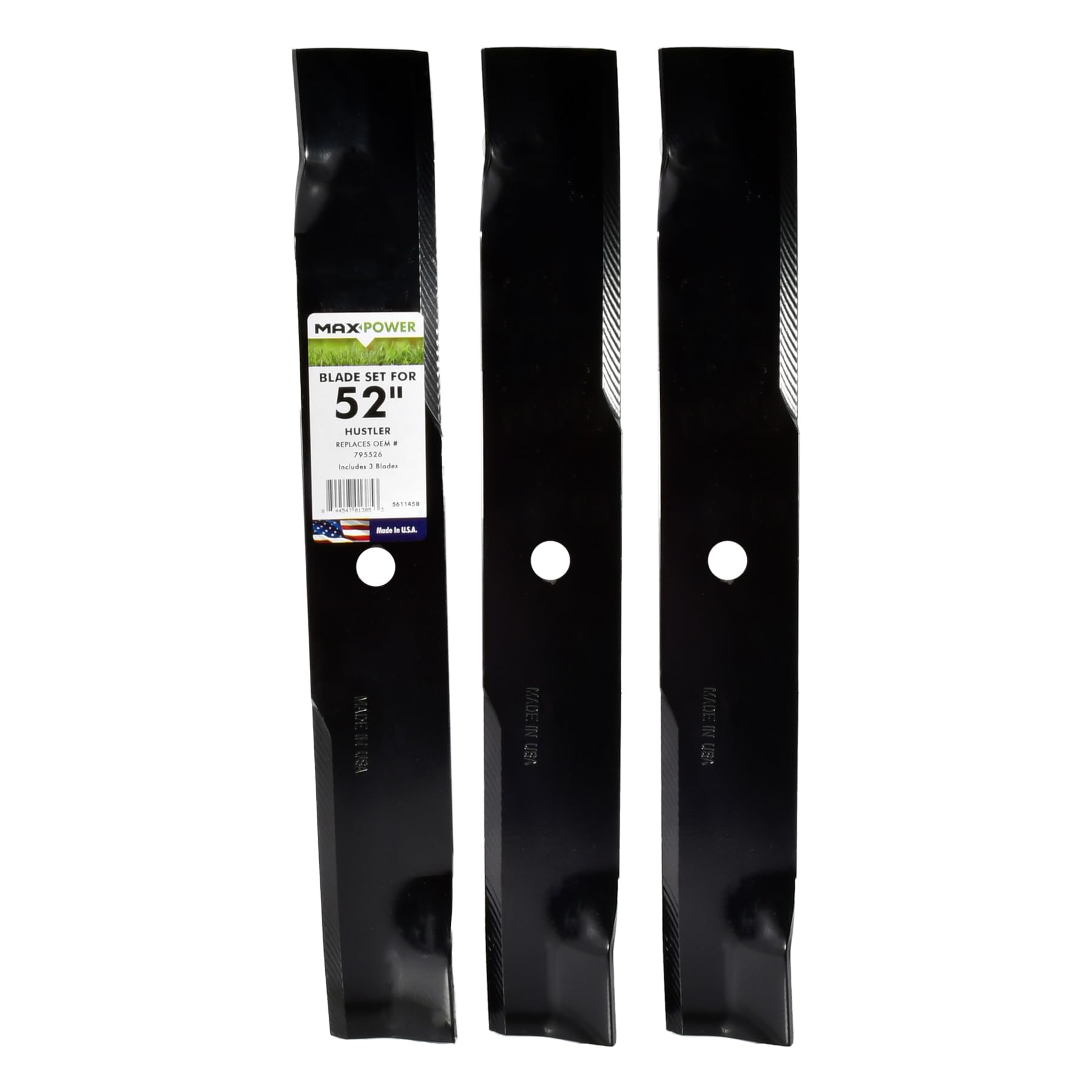 MaxPower 561145B three-blade set for Hustler mowers offers a clean cut