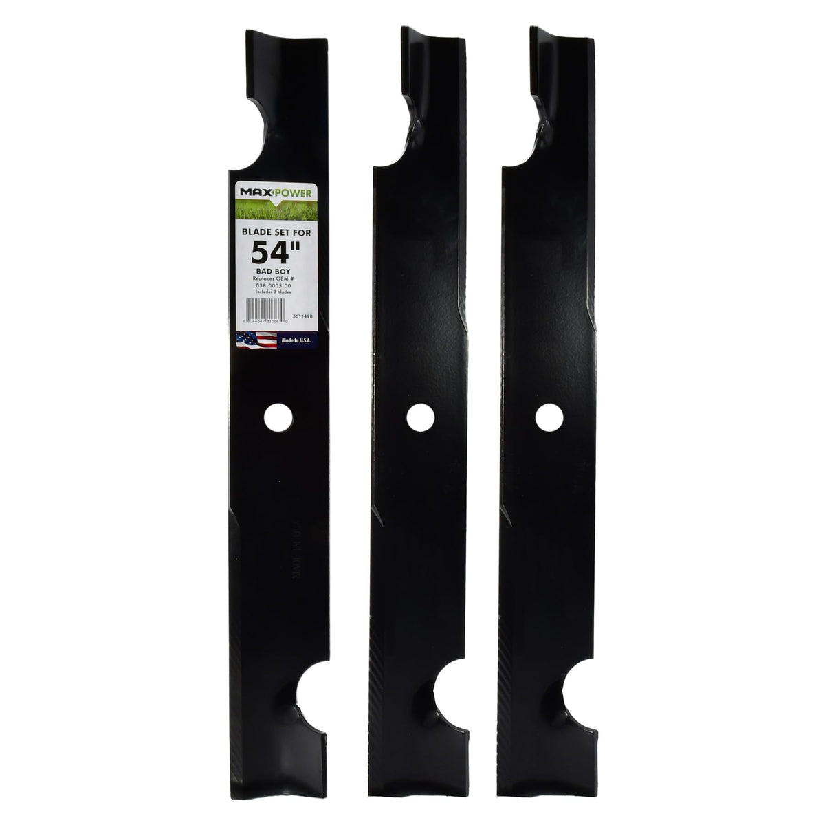 MaxPower 561149B three-blade set for 54-inch mower, ready for precise cuts