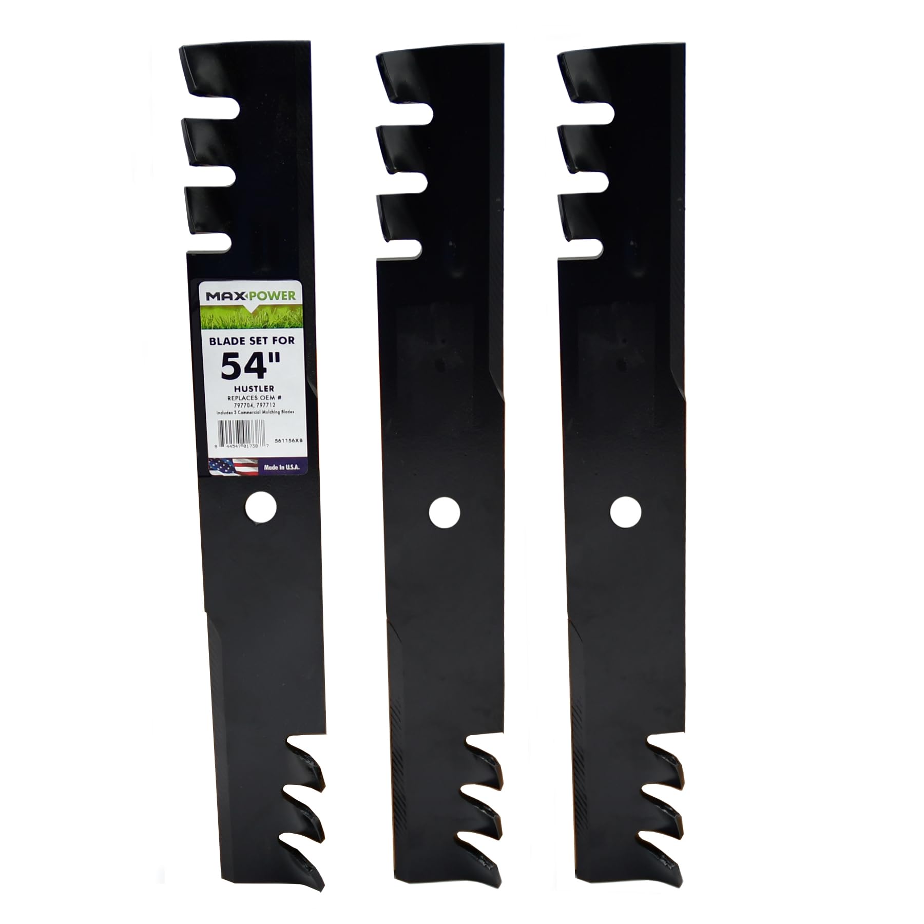 MaxPower 561156XB three-blade set for 54-inch Hustler deck, efficient mulching visible