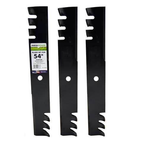 MaxPower 561156XB three-blade set for 54-inch Hustler deck, efficient mulching visible