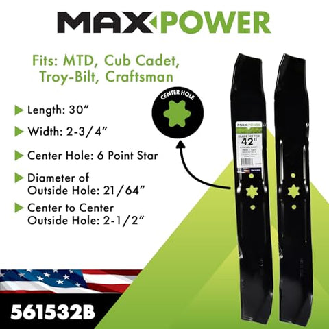 MaxPower 561532B 42-inch blades enhance mulching performance for larger lawns.