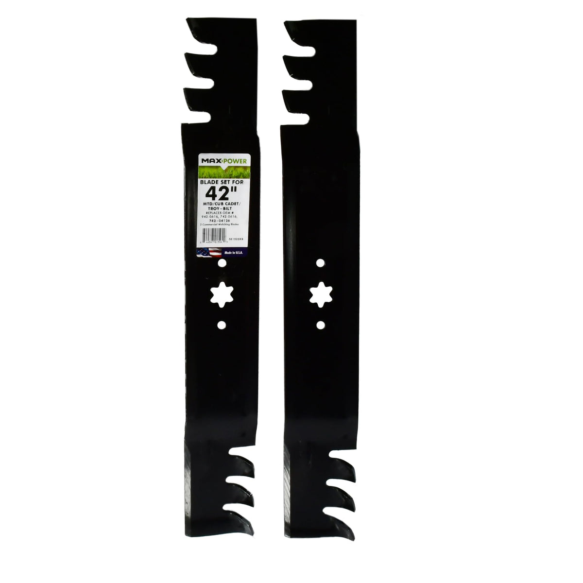 MaxPower 561532XB two commercial mulching blades for 42-inch mowers, cleaner cut.