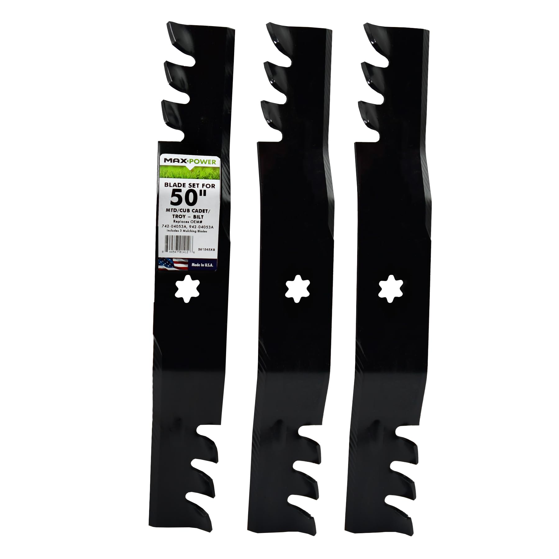 MaxPower 561545XB three-blade set for 50-inch mowers enhances mulching performance.