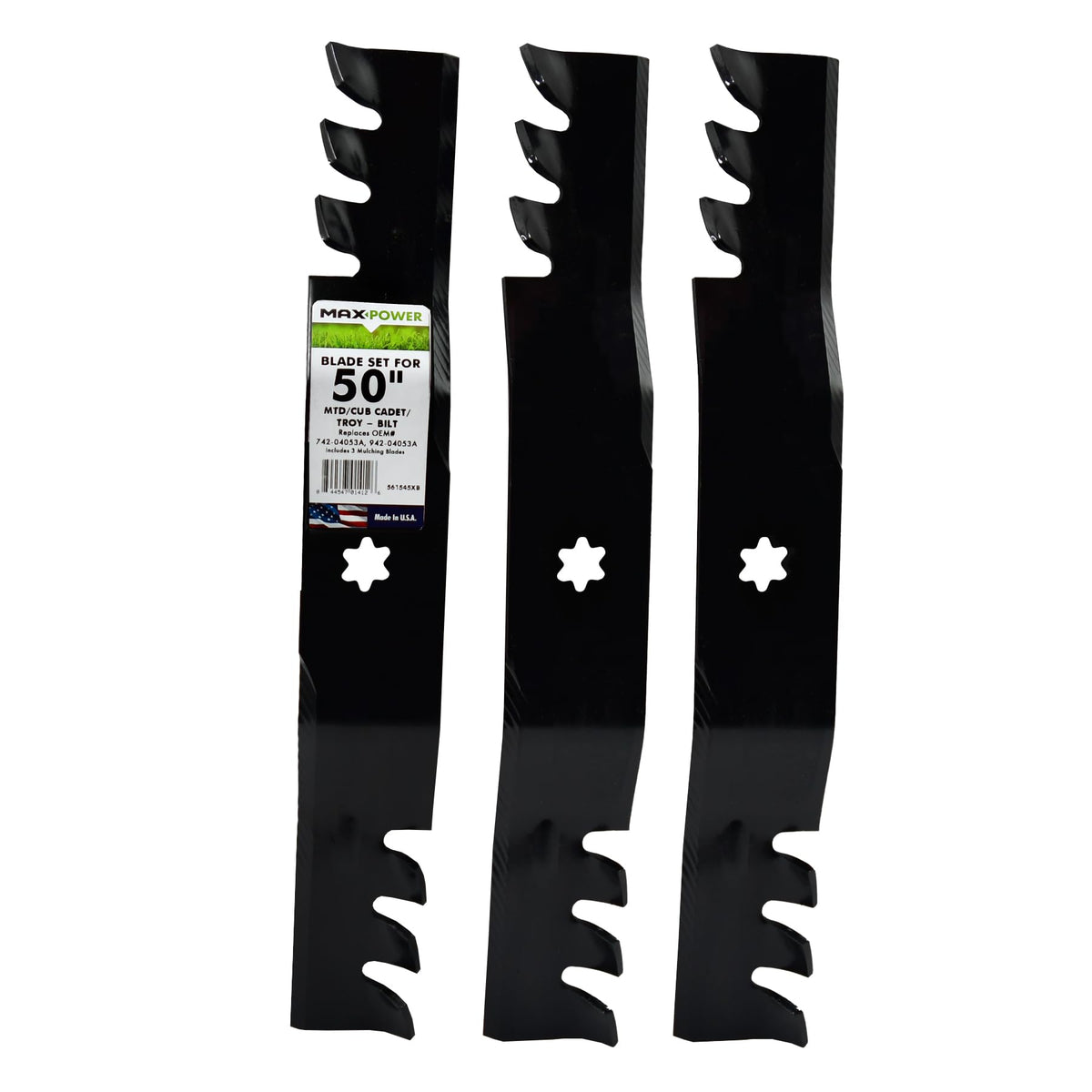 MaxPower 561545XB three-blade set for 50-inch mowers enhances mulching performance.