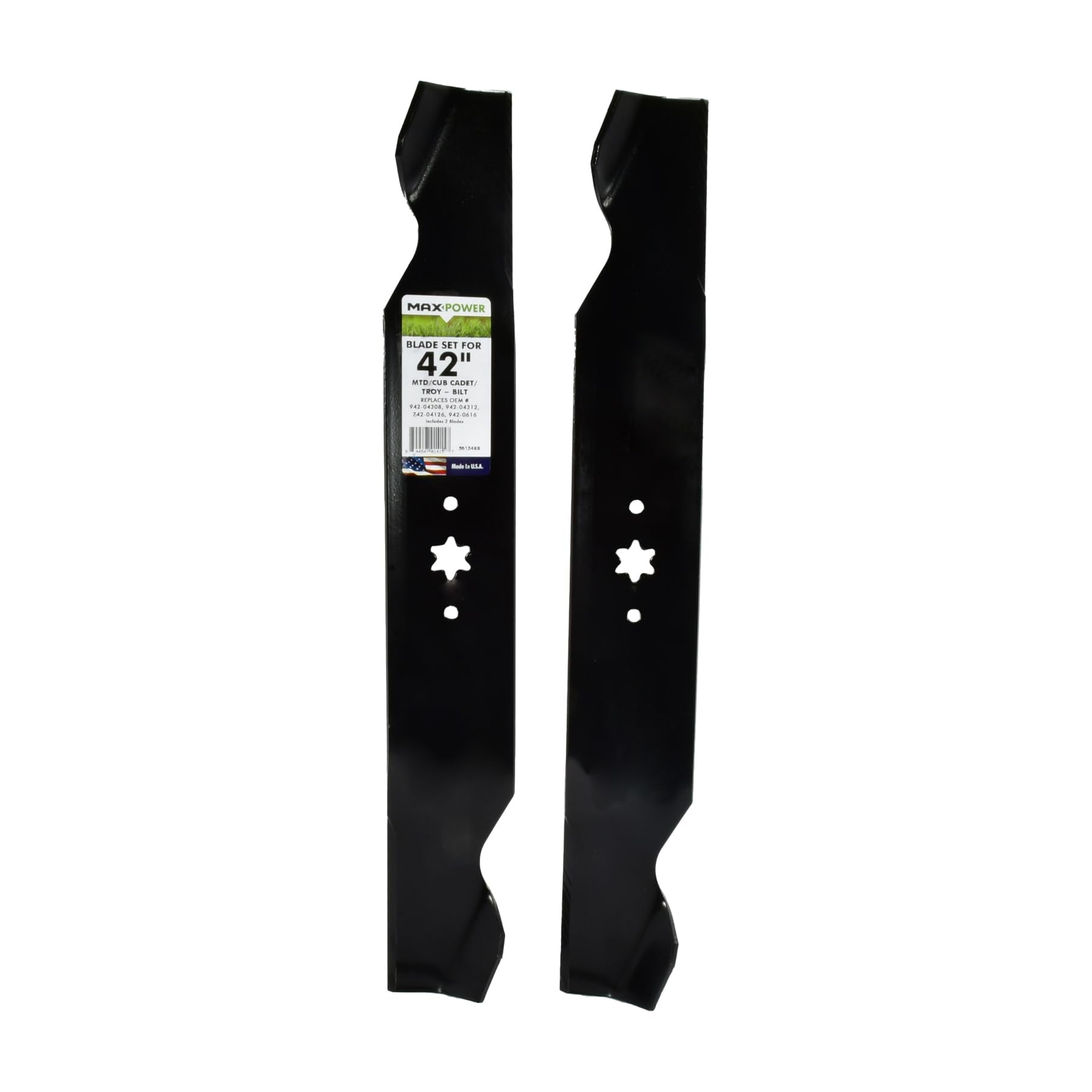 MaxPower 561548B two-blade set for 42-inch mowers, enabling cleaner, even mowing.