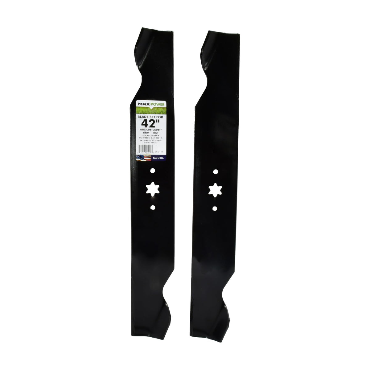 MaxPower 561548B two-blade set for 42-inch mowers, enabling cleaner, even mowing.