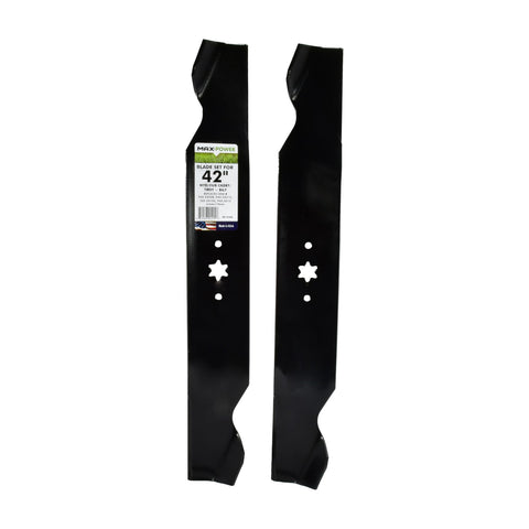 MaxPower 561548B two-blade set for 42-inch mowers, enabling cleaner, even mowing.