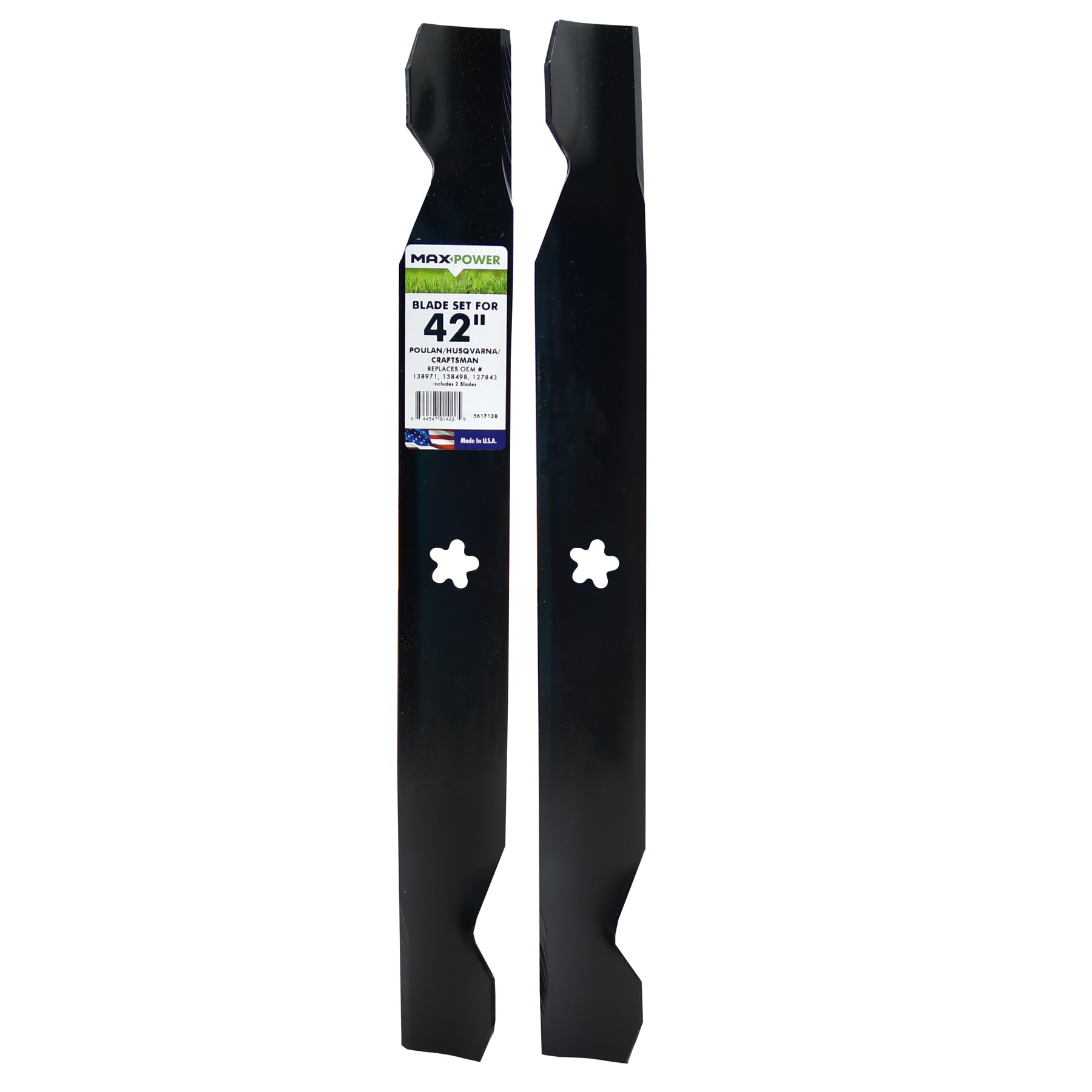 MaxPower 561713B two-blade set for 42-inch mowers with five-point star center hole.