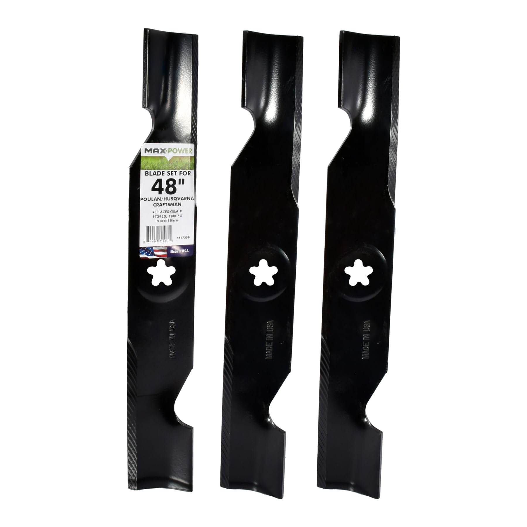 MaxPower 561735B three-blade set for 48-inch mowers delivers a cleaner cut.