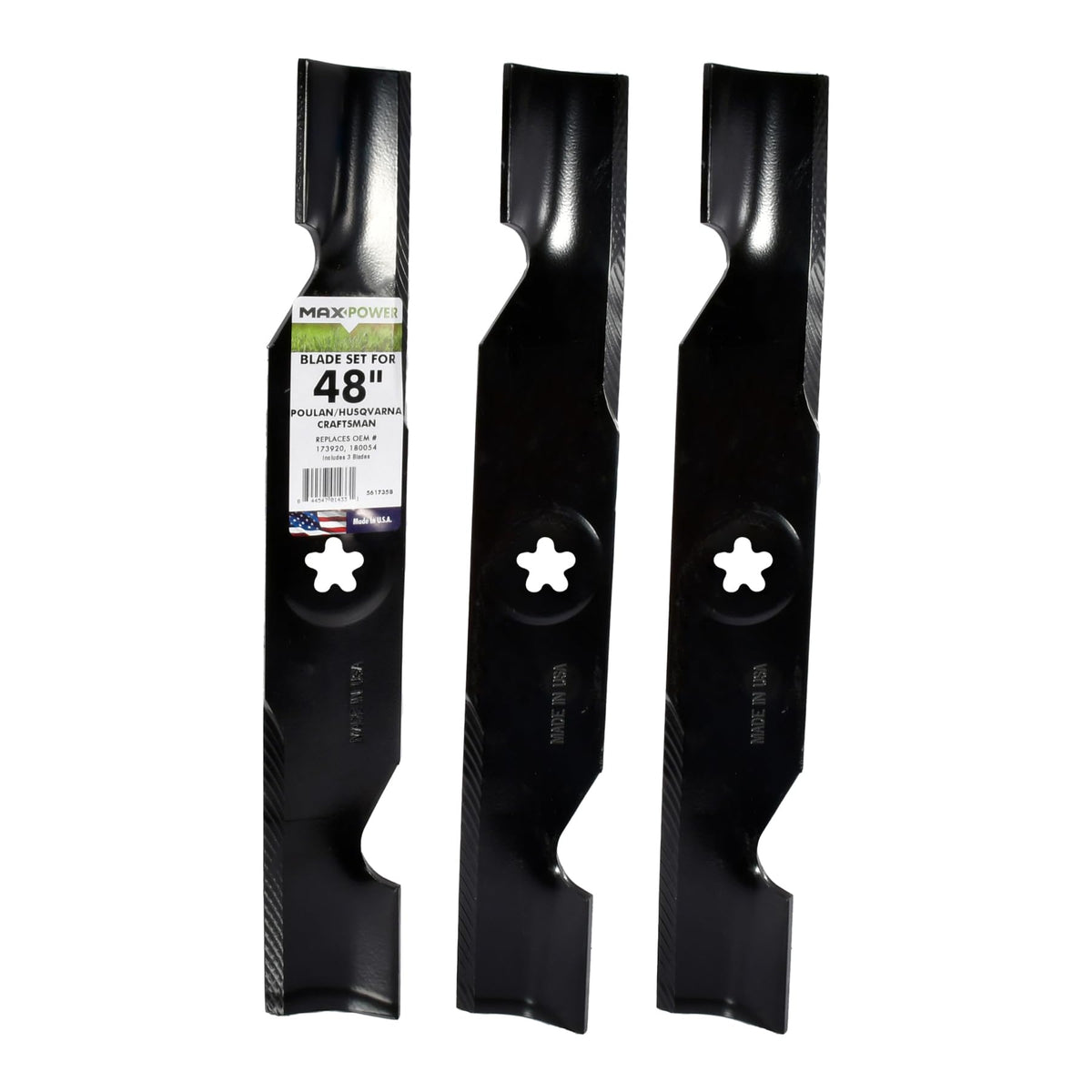 MaxPower 561735B three-blade set for 48-inch mowers delivers a cleaner cut.
