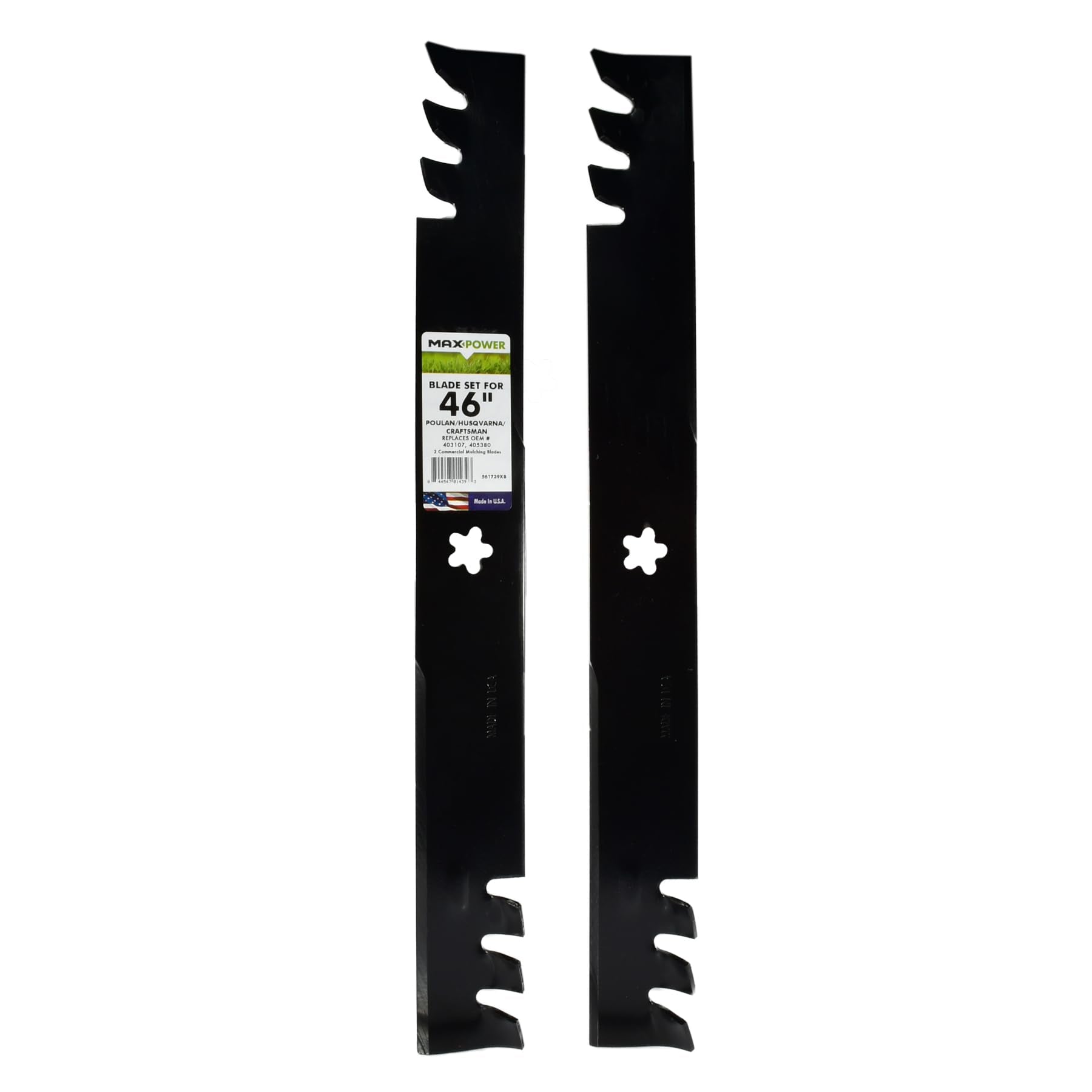 MaxPower 561739XB mulching blades in package for 46-inch mowers.