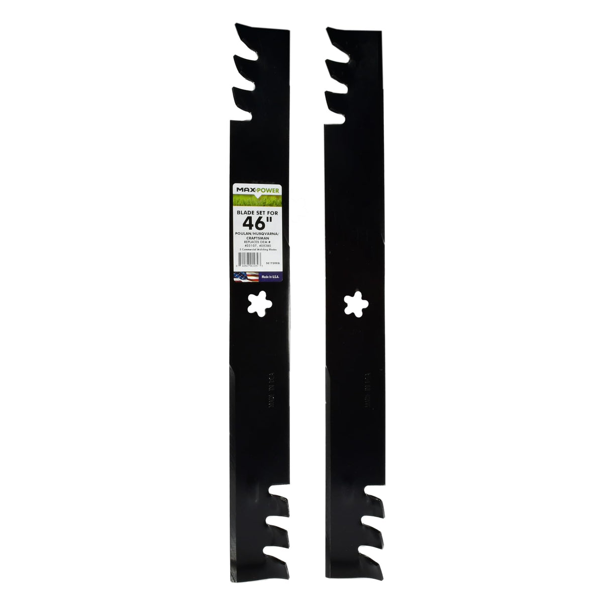 MaxPower 561739XB mulching blades in package for 46-inch mowers.