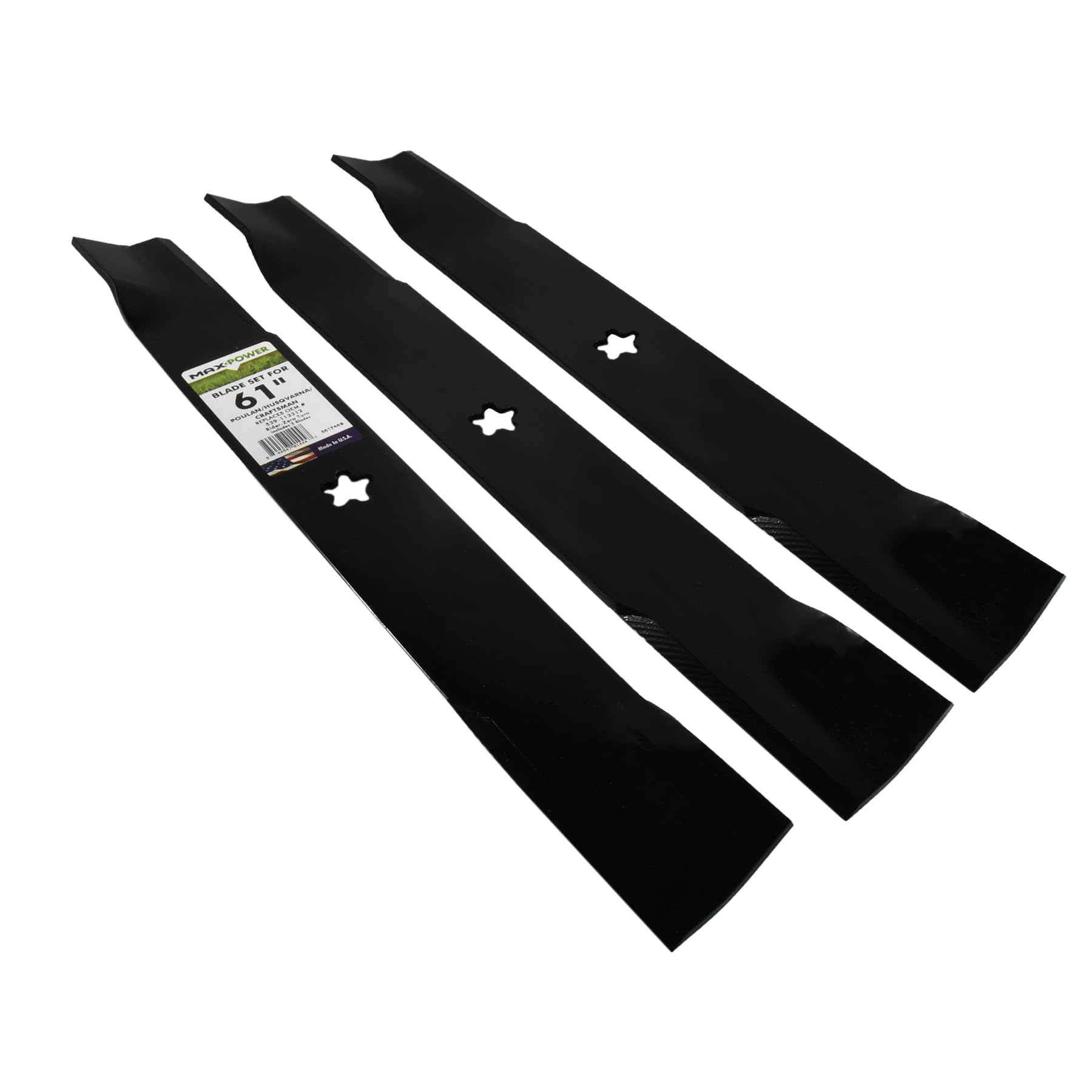 MaxPower 561746B easy-install blades simplify mower maintenance.