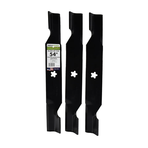MaxPower 561747B three-blade set for 54 in mowers improves cutting consistency.