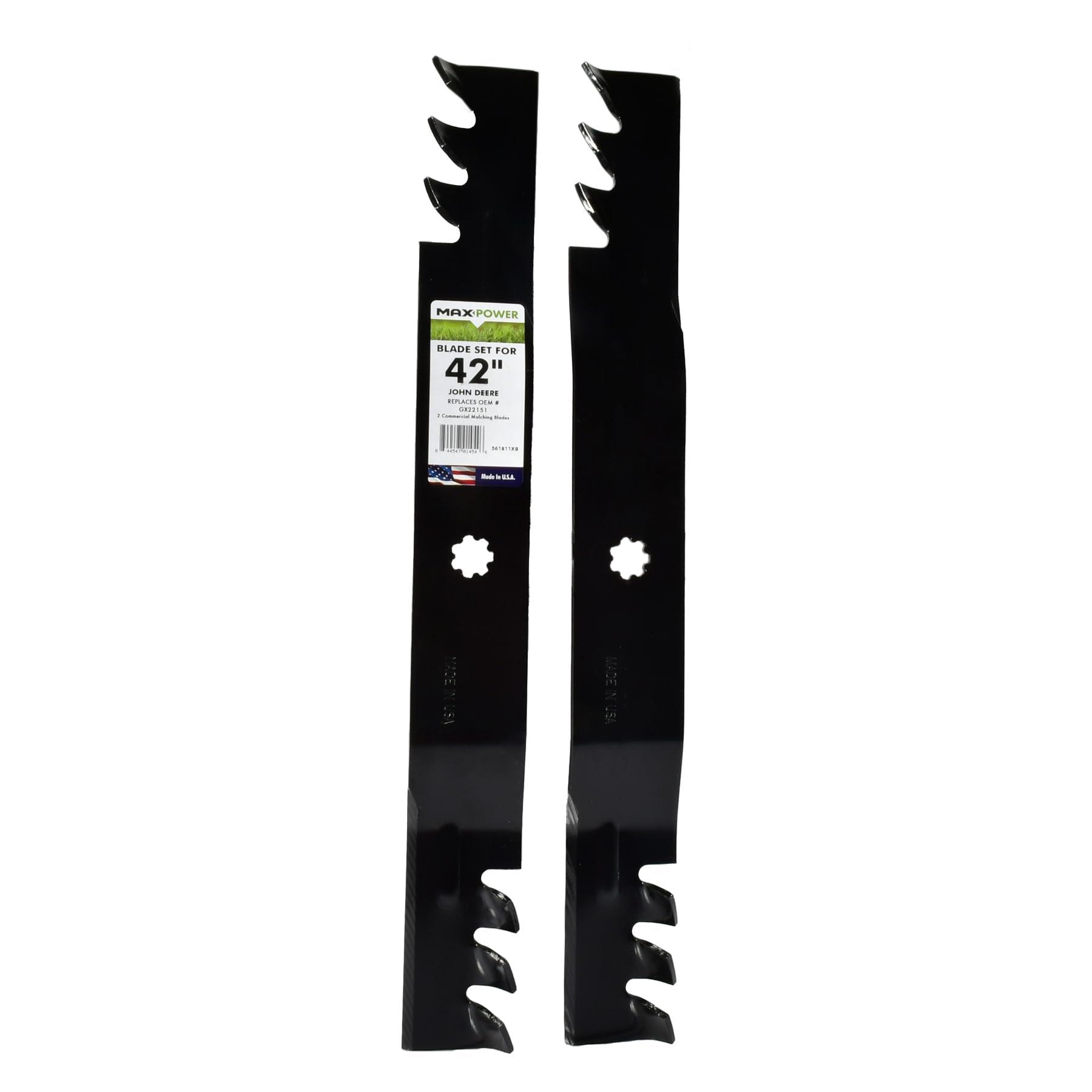 MaxPower 561811XB mulching blades for 42 in John Deere mowers, efficient mulch distribution.
