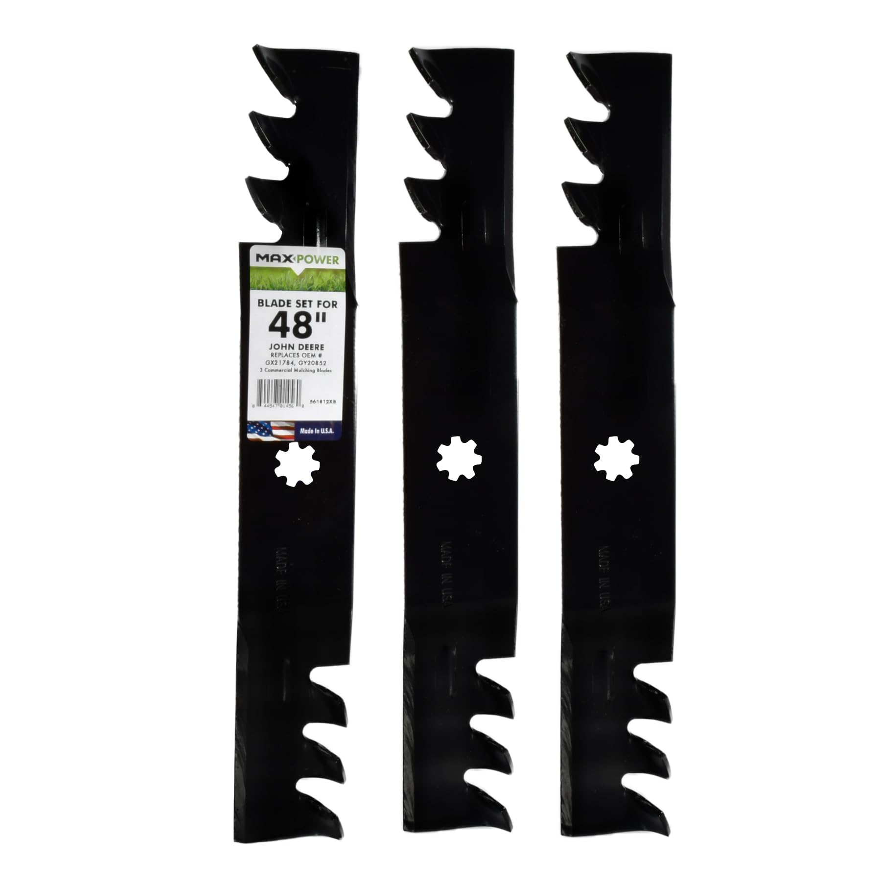 MaxPower 561812XB three-blade set for efficient mulching on 48-inch John Deere mowers.