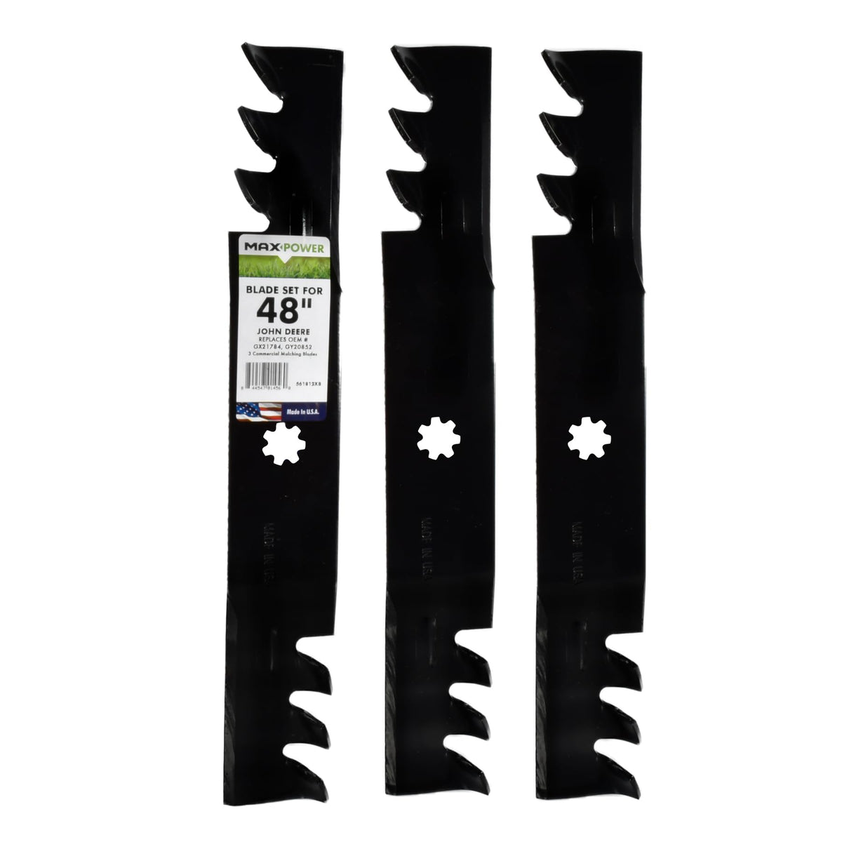 MaxPower 561812XB three-blade set for efficient mulching on 48-inch John Deere mowers.