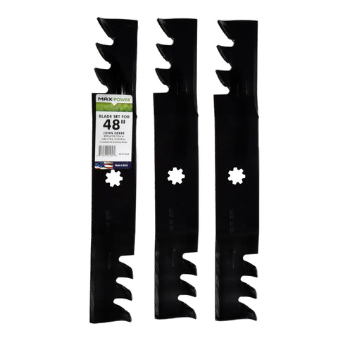 MaxPower 561812XB three-blade set for efficient mulching on 48-inch John Deere mowers.