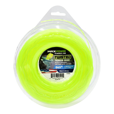 Maxpower premium twisted trimmer line 0.065 inch on yellow spool for clean cuts.