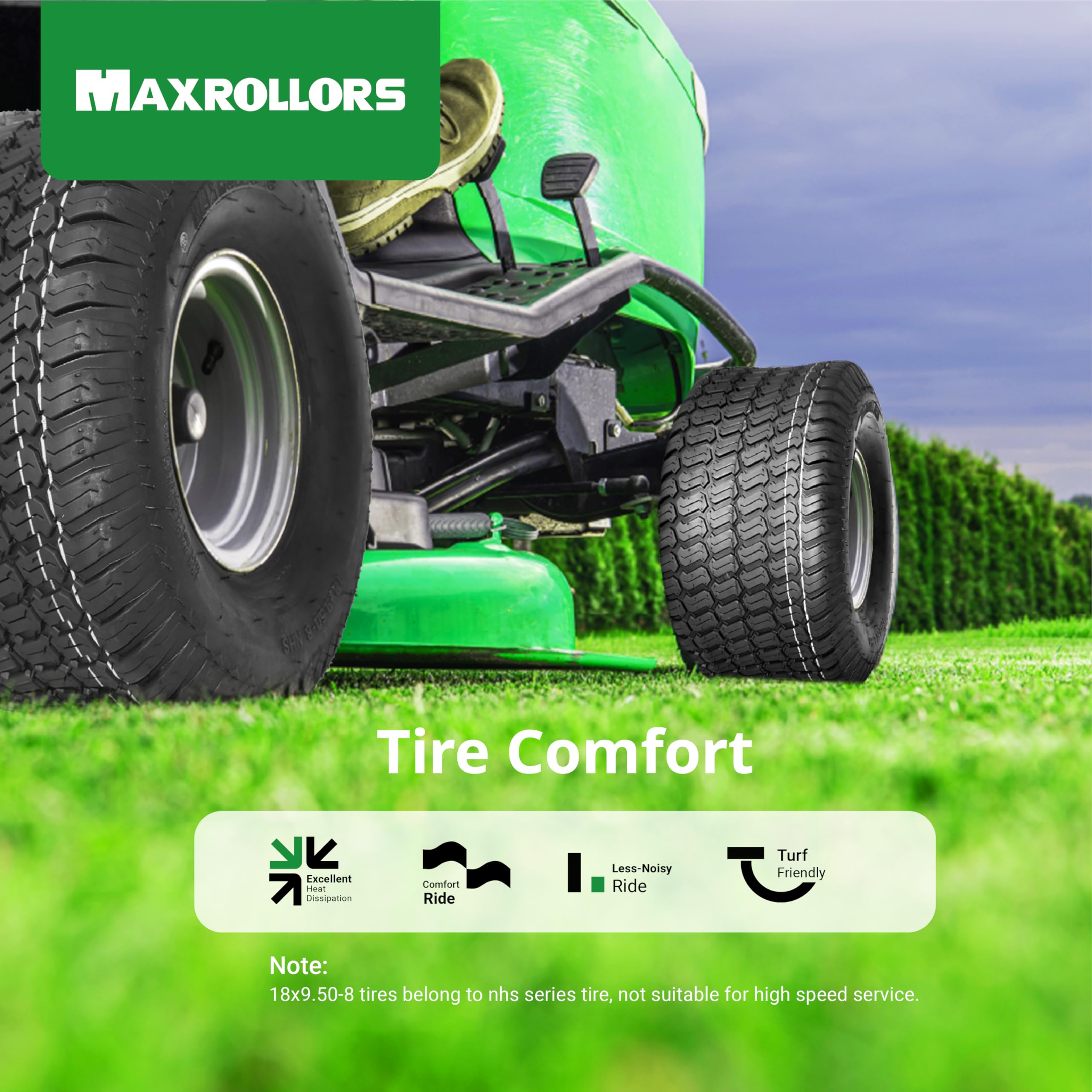MAXROLLORS 1040 lb capacity label emphasizing rugged mowing support