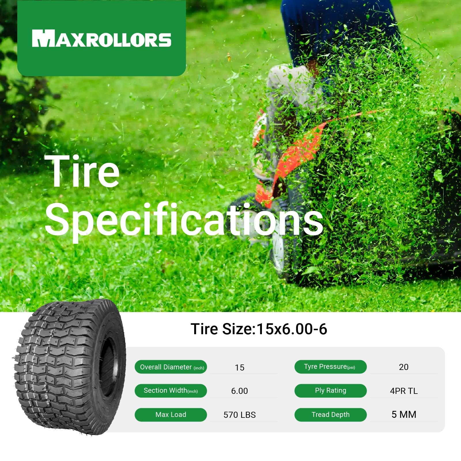 Two-pack MAXROLLORS lawn mower tires for quick replacement