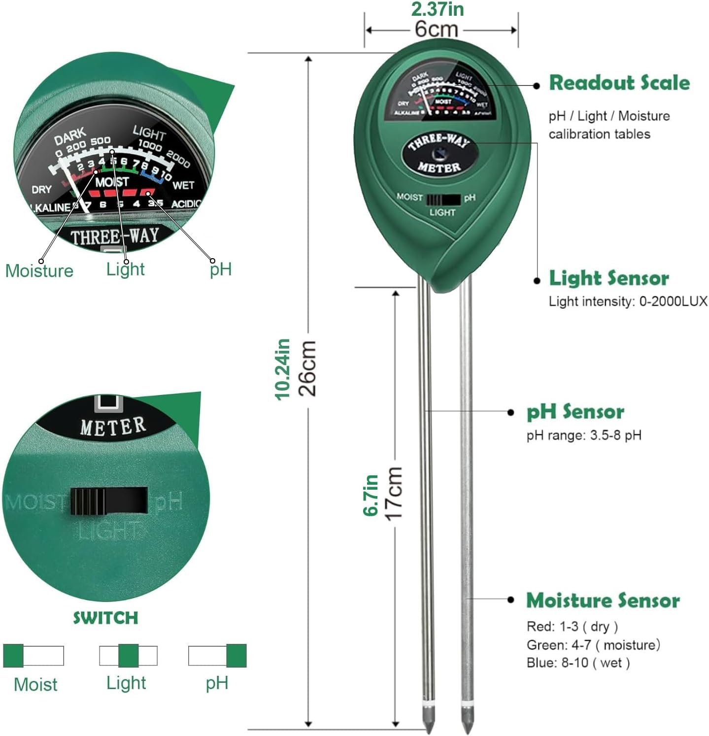 Maxsolve 3-in-1 soil tester shows light exposure for optimal growth.