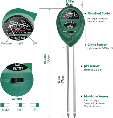 Maxsolve 3-in-1 soil tester shows light exposure for optimal growth.
