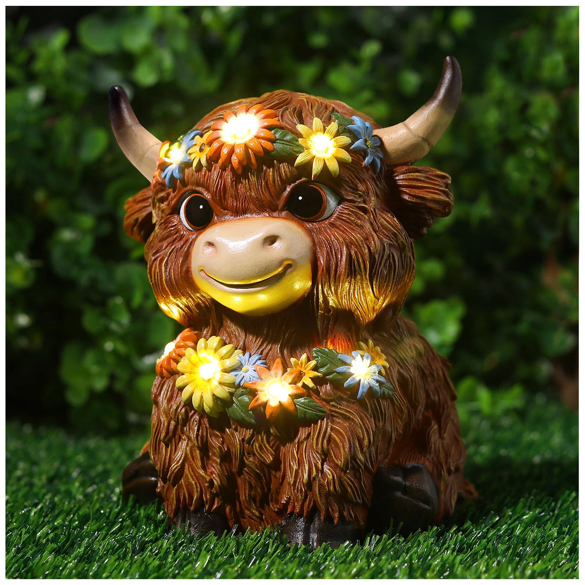MAXTHOT Highland Cow with daisy and LED lights for warm outdoor ambiance