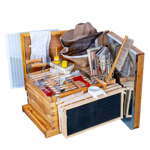 MayBee Beehive Starter Kit front view highlights a durable wax-coated hive exterior for easy inspection.