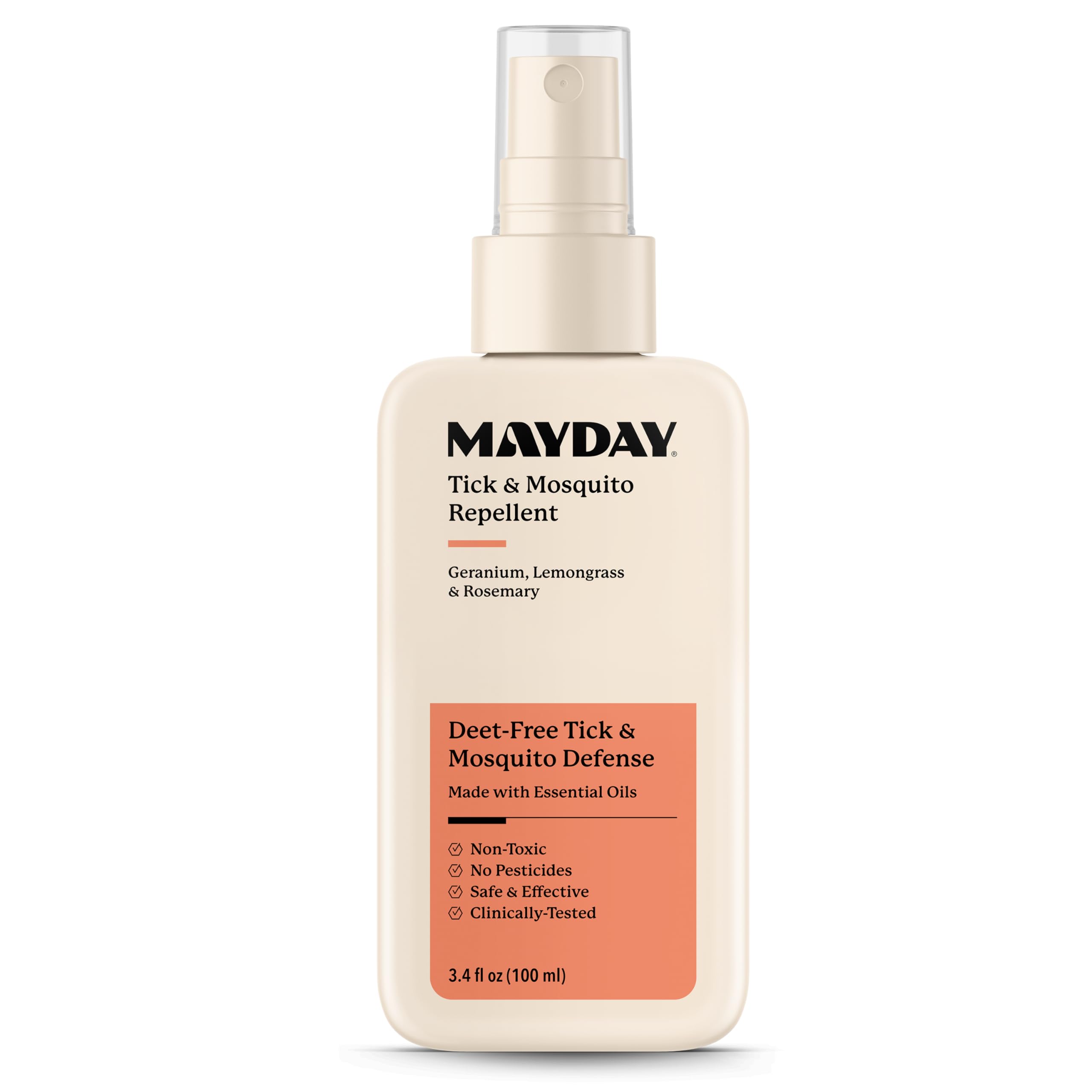 MAYDAY Tick & Mosquito Repellent bottle front view for outdoor protection.