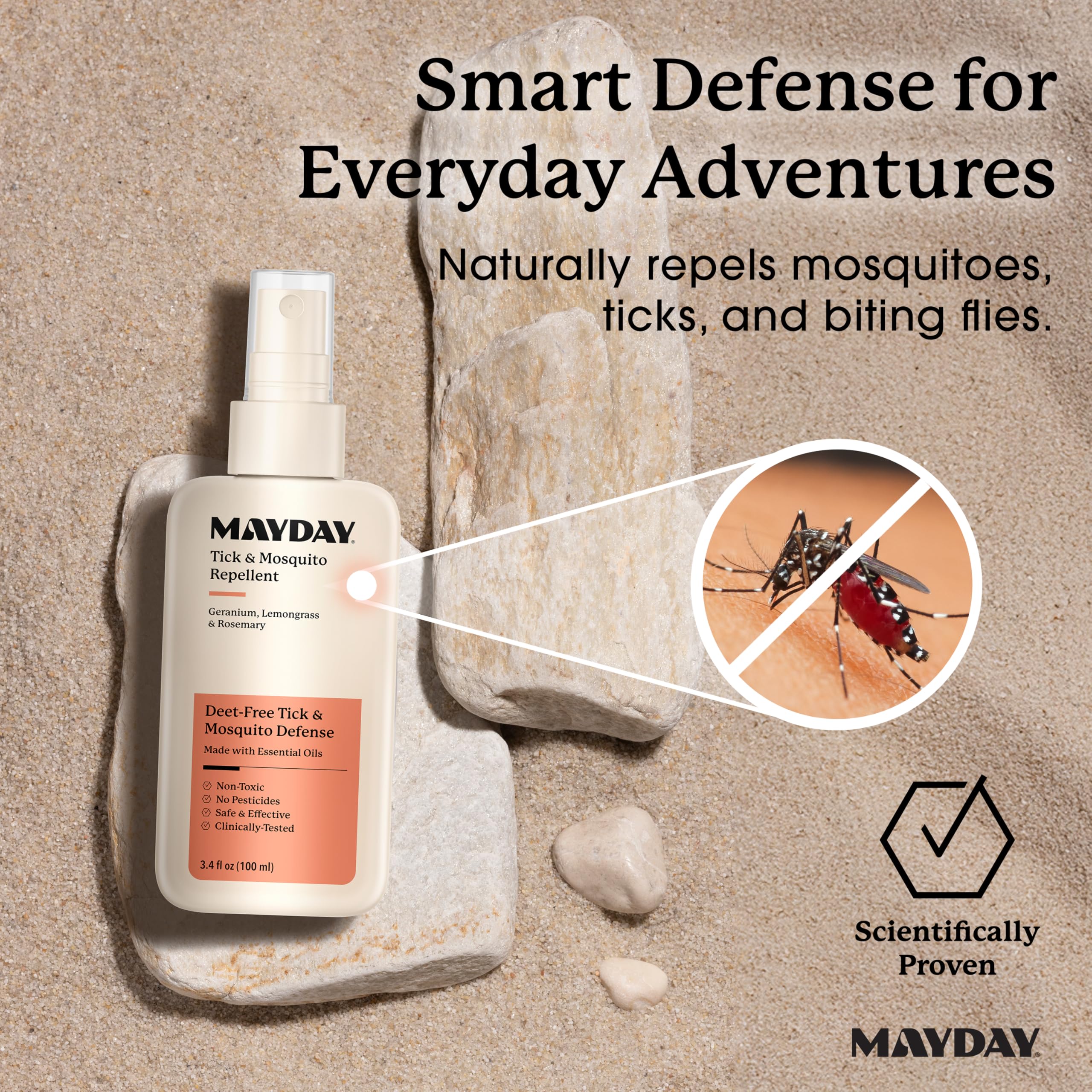 MAYDAY label close-up shows geranium, lemongrass, and rosemary essential oils.