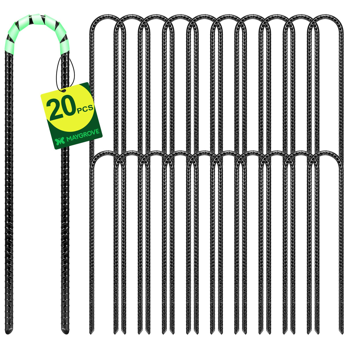 Maygrove 12-inch rebar stakes in a packed set for secure outdoor anchoring in windy conditions.
