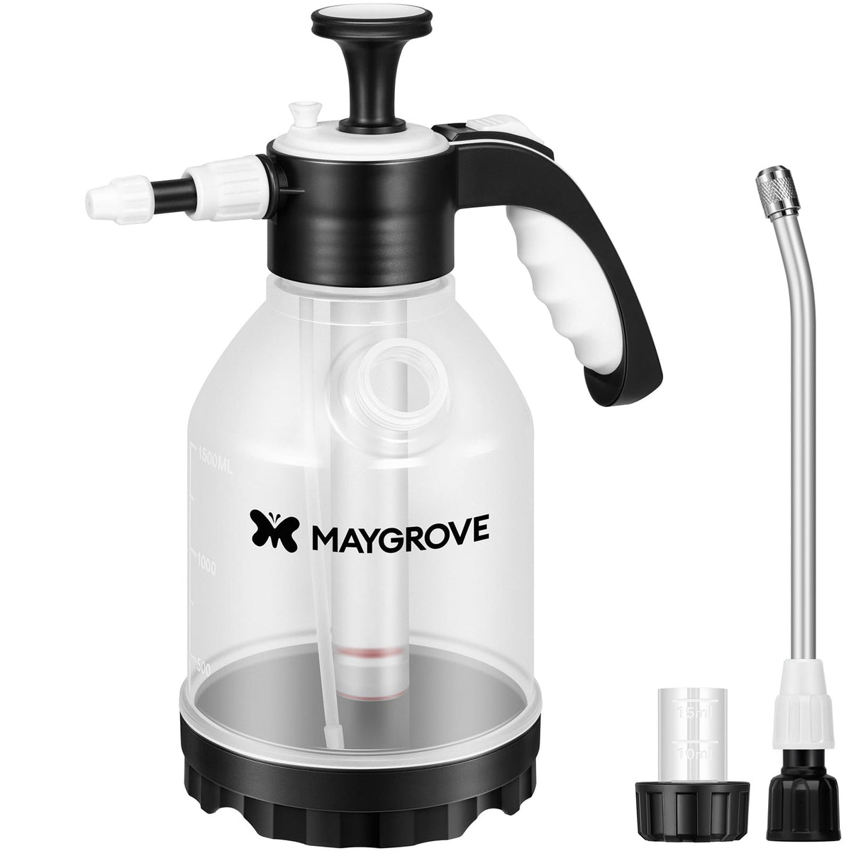 Maygrove clear tank pump sprayer shows liquid level for precise refills.