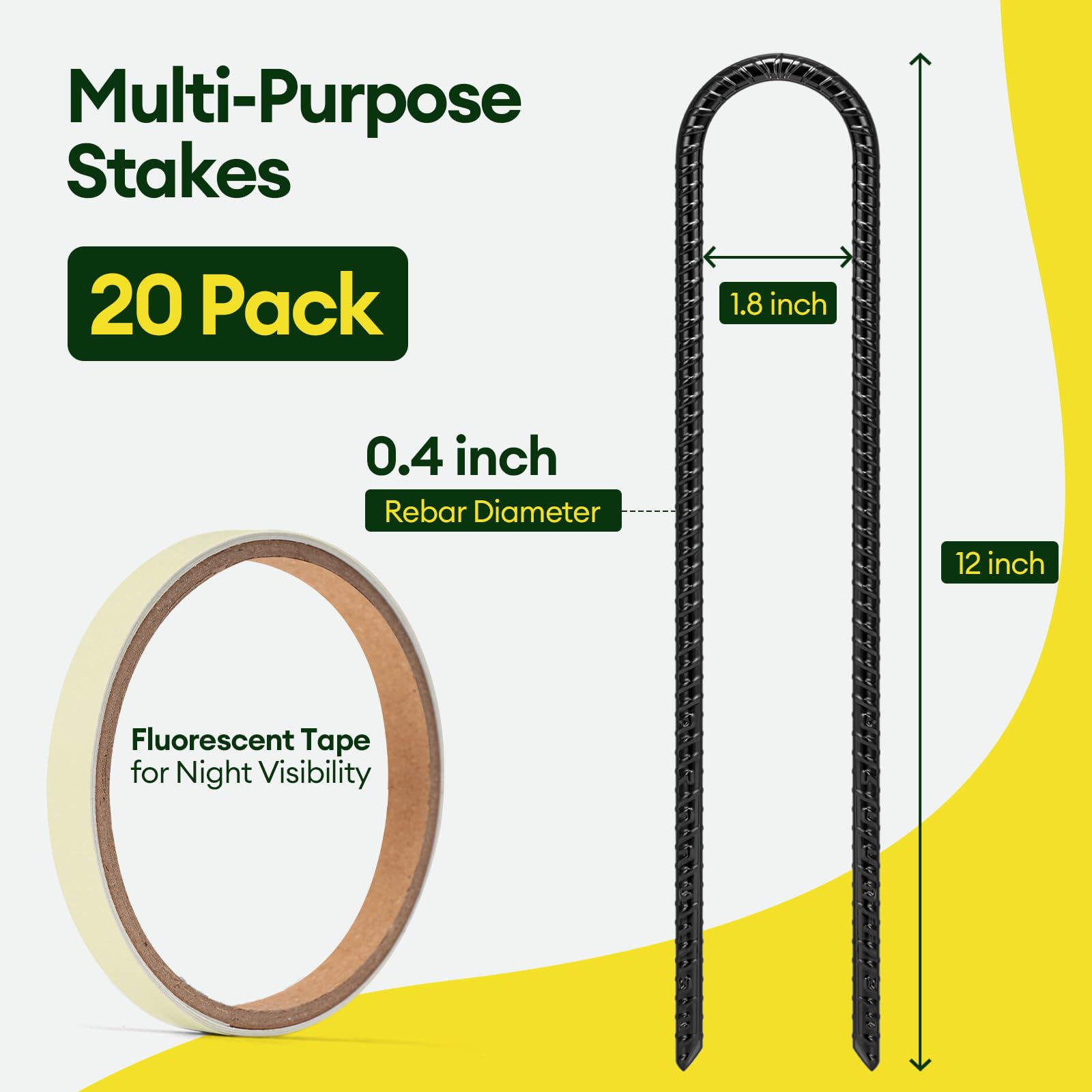 Maygrove fluorescent-tape stakes enhance nighttime visibility for safe setup.