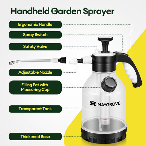 Maygrove measuring cup pump sprayer helps accurate dosing for fertilizers.