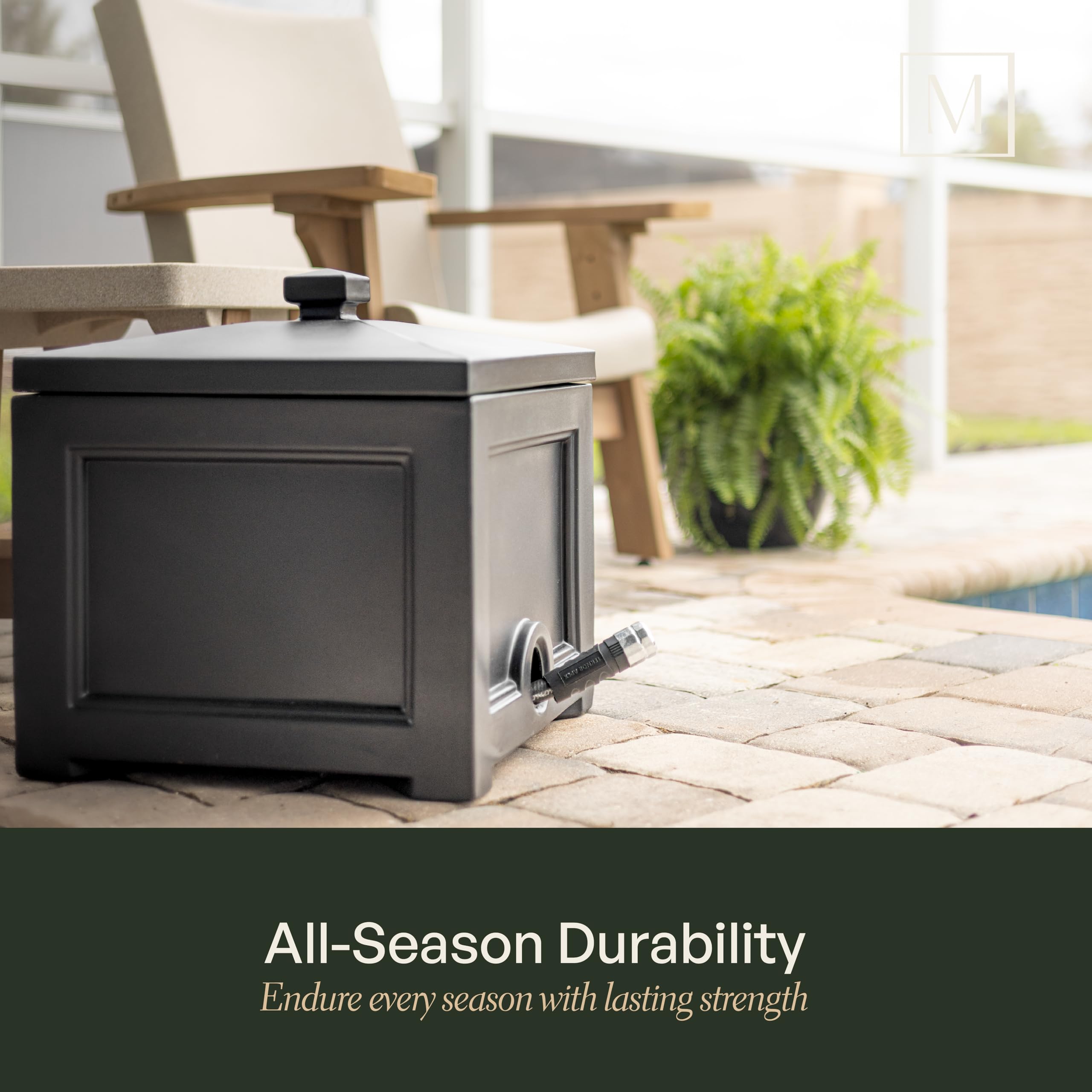 Mayne Fairfield Garden Hose Bin parcel drop feature for discreet deliveries.