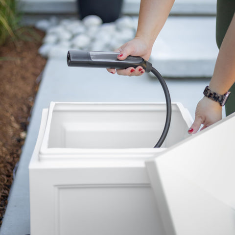 Mayne Fairfield Garden Hose Bin UV fade-resistant material for sun exposure.