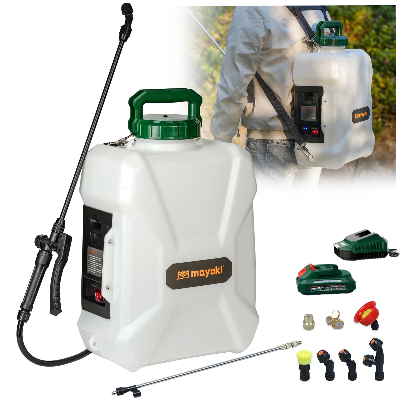 Mayoki 3Gallon backpack sprayer on back showing cordless outdoor application
