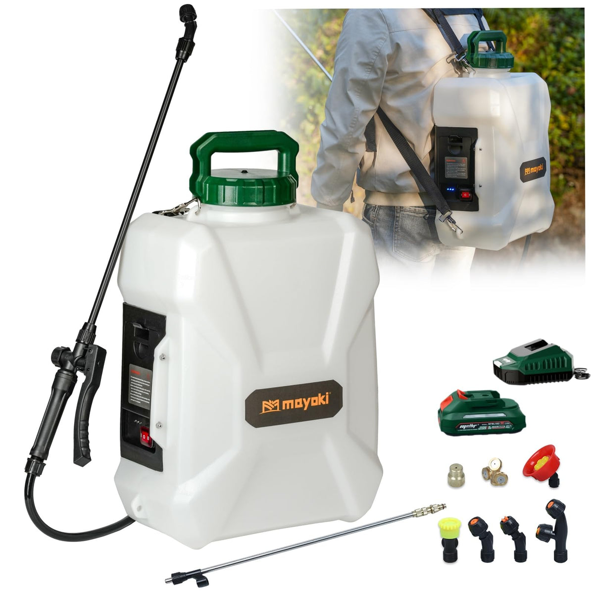 Mayoki 3Gallon backpack sprayer on back showing cordless outdoor application