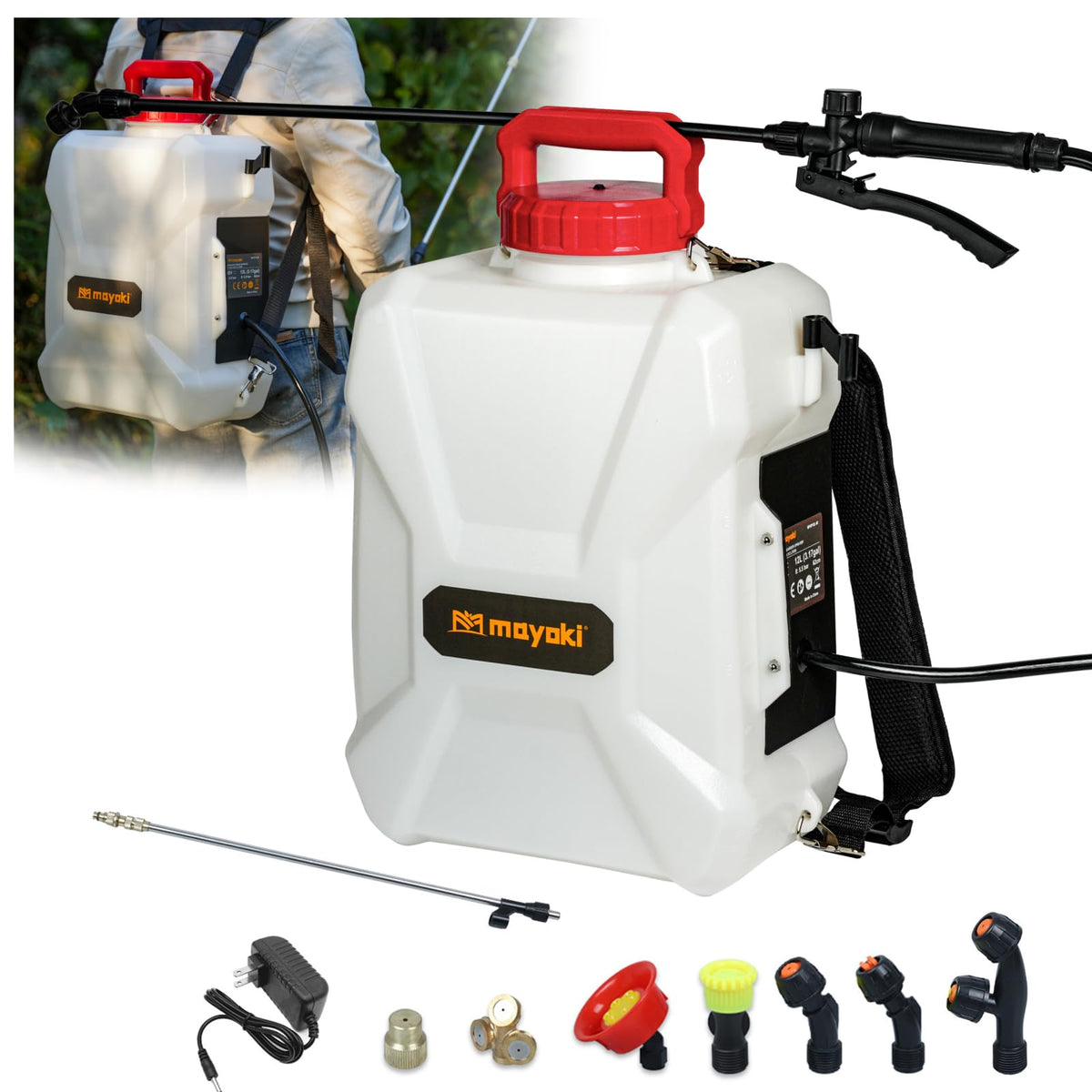 Mayoki backpack sprayer on back showing Milwaukee 18V compatibility