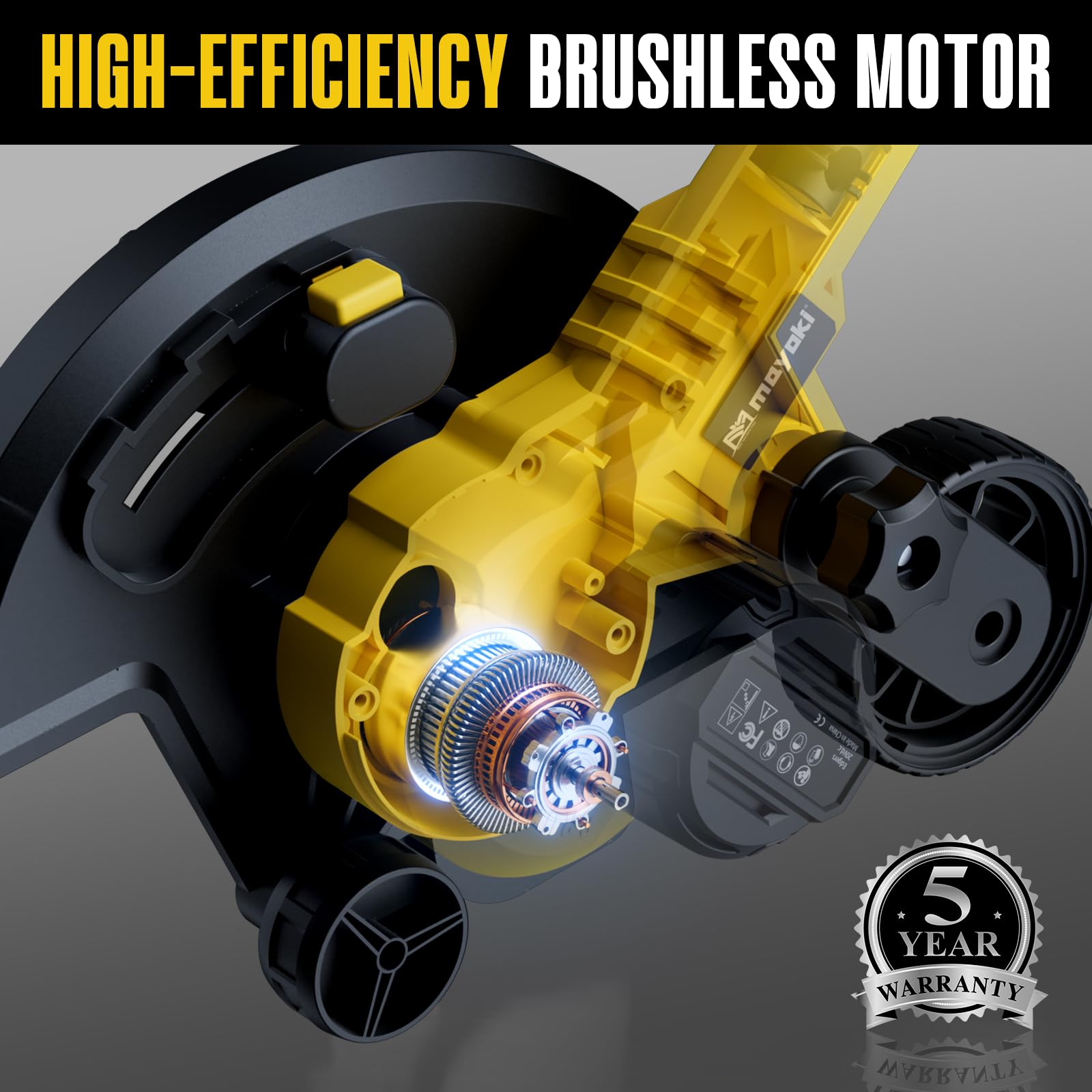 Mayoki edger shows the rear wheel guide to help maintain steady lines.